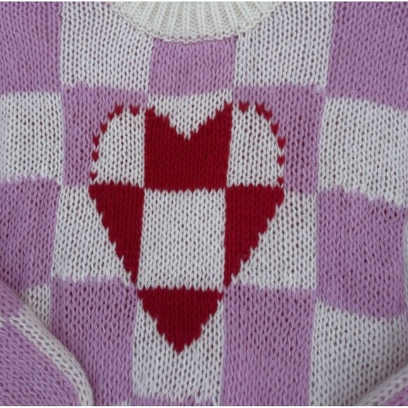 Luna Ivy Pink Cream Check Heart Chunky Knit Long Sleeve Crew Sweater XS - Picture 2 of 5
